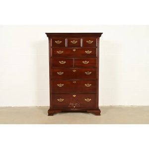 Thomasville Georgian Carved Cherry Wood Highboy Dresser, Circa 1980s