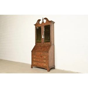 Baker Furniture Georgian Banded Burled Walnut Drop Front Secretary Desk With Bookcase Hutch