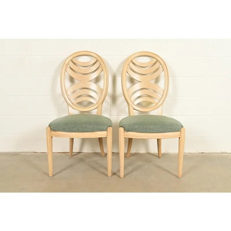 Henredon Modern Art Deco Carved Oak Side Chairs or Dining Chairs, Pair