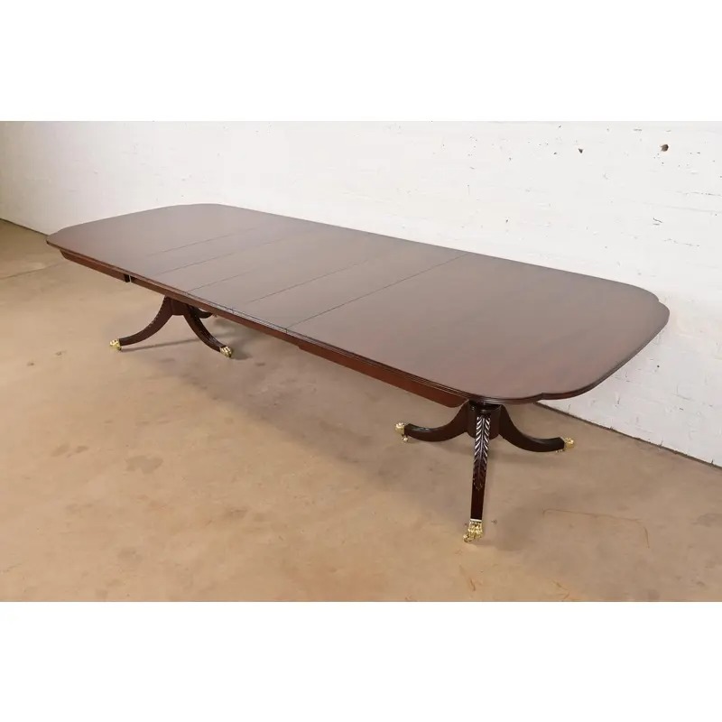 Karges Georgian Mahogany Double Pedestal Extension Dining Table, Newly Refinished