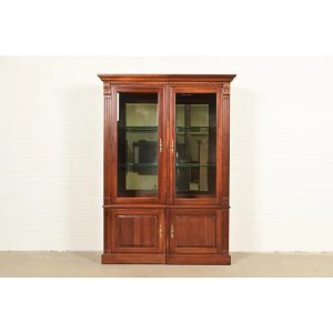 Ethan Allen French Regency Louis XVI Solid Carved Cherry Wood Lighted Bookcase Cabinet