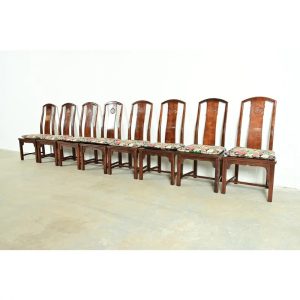 Henredon Hollywood Regency Chinoiserie Sculpted Mahogany Dining Chairs, Set of Eight