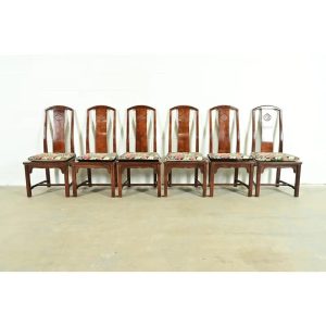 Henredon Hollywood Regency Chinoiserie Sculpted Mahogany Dining Chairs, Set of Six