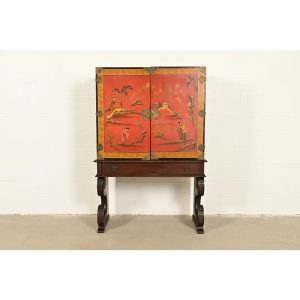 Hollywood Regency Chinoiserie Red Lacquered Hand Painted Bookcase or Bar Cabinet, Circa 1920s