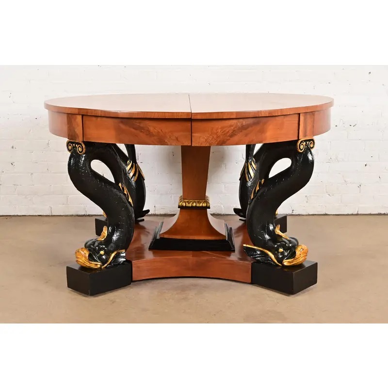 Antique Italian Regency Cherry and Burl Wood Parcel Ebonized Dolphin Base Monumental Extension Dining Table, Circa 1890s - Image 2