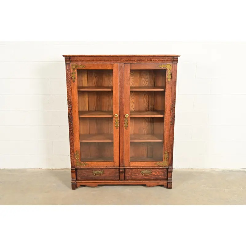 Antique Victorian Carved Oak Two-Door Bookcase, Circa 1890s - Image 2