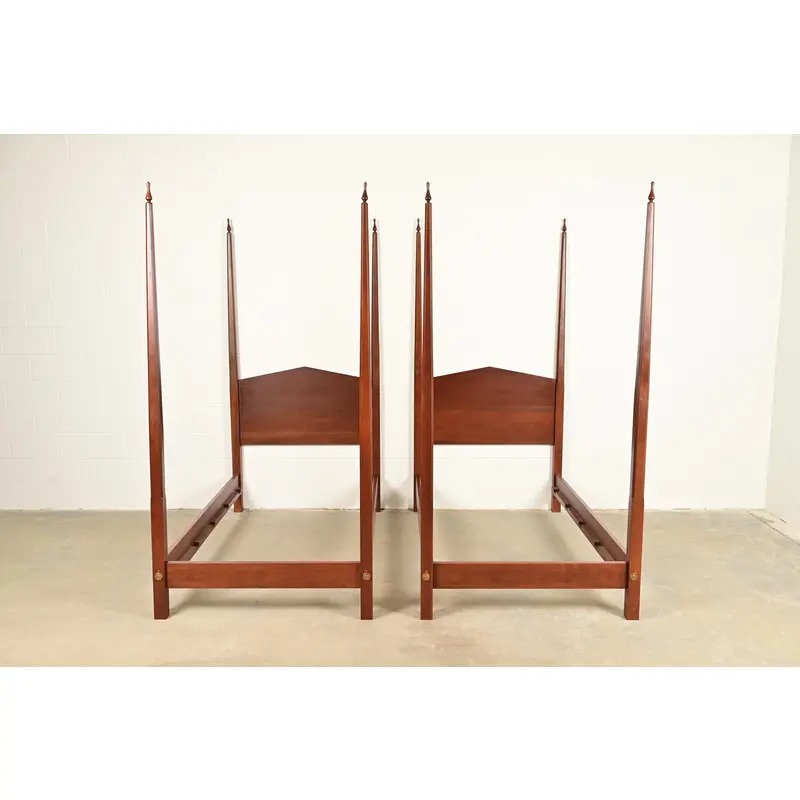 Baker Furniture Style Federal Carved Walnut Twin Size Poster Beds, Pair - Image 2