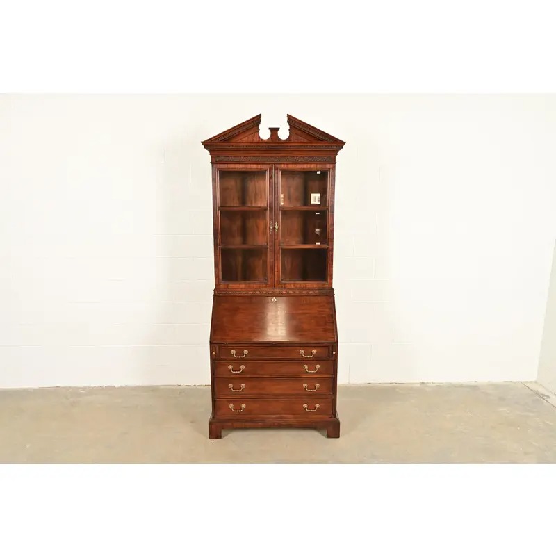 Century Furniture Chippendale Carved Mahogany Drop Front Secretary Desk With Lighted Bookcase Hutch - Image 2
