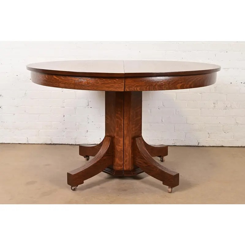 Stickley Brothers Style Antique Mission Oak Arts & Crafts Pedestal Extension Dining Table, Newly Refinished - Image 2
