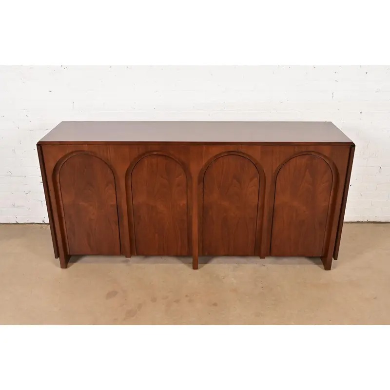 T. H. Robsjohn Gibbings for Widdicomb Sculpted Walnut Colosseum Sideboard Credenza, Newly Refinished - Image 2