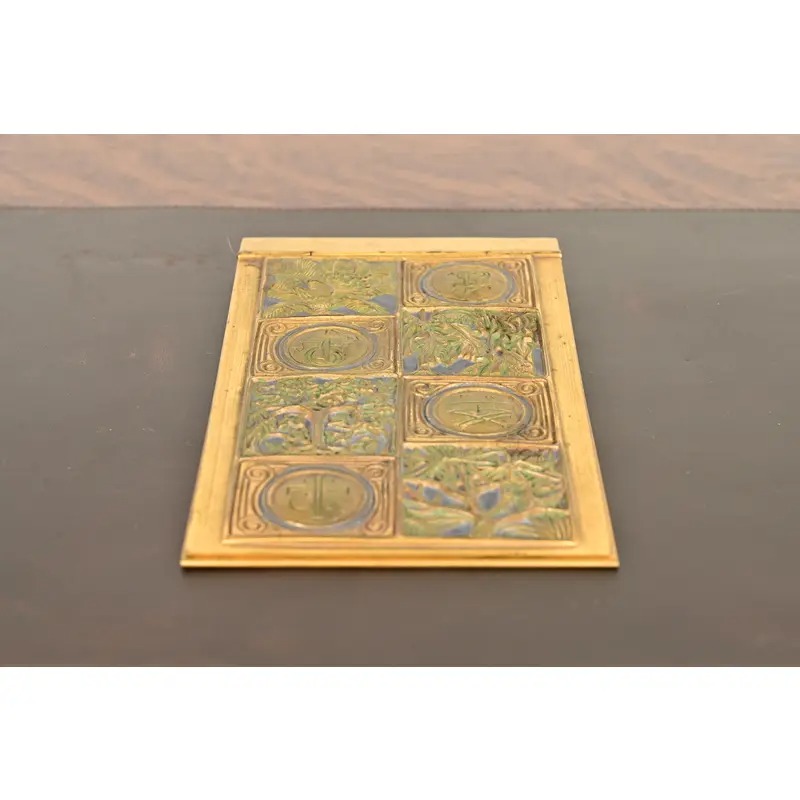 Tiffany Studios New York Bookmark Pattern Bronze Doré and Enamel Notepad Holder - Image 2