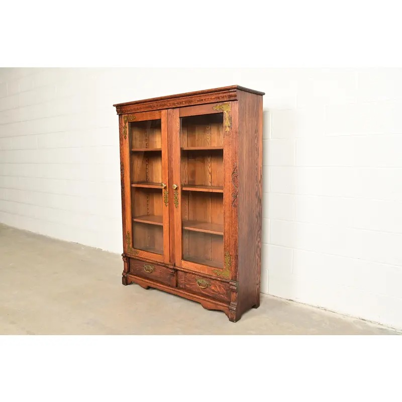 Antique Victorian Carved Oak Two-Door Bookcase, Circa 1890s - Image 3