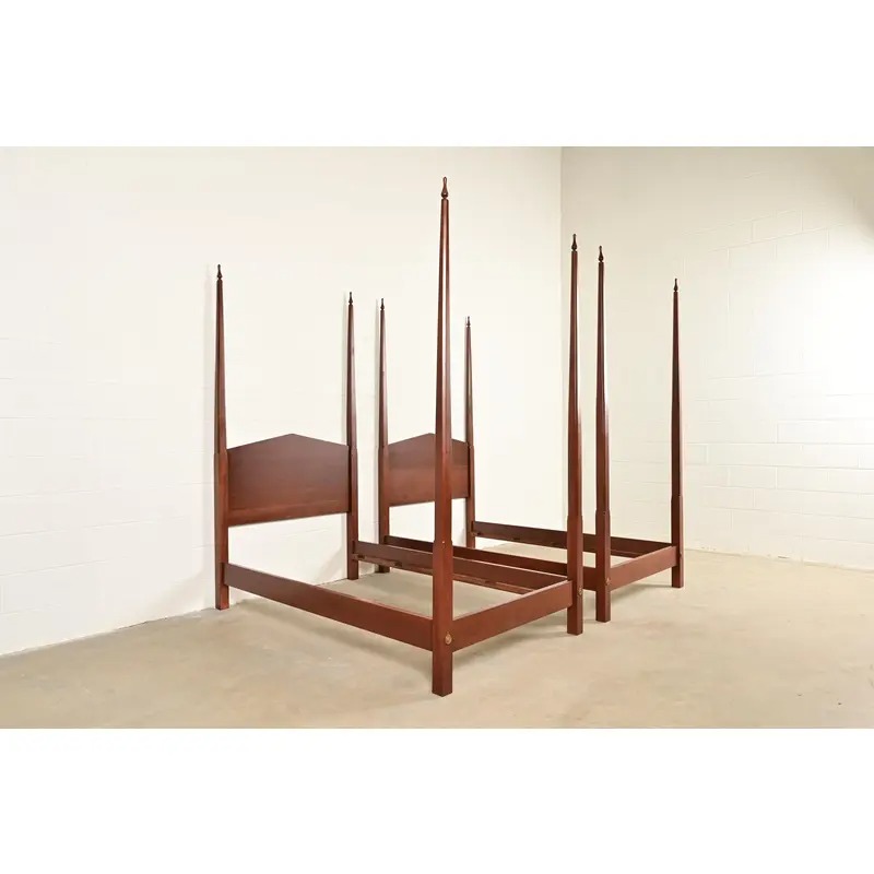 Baker Furniture Style Federal Carved Walnut Twin Size Poster Beds, Pair - Image 3