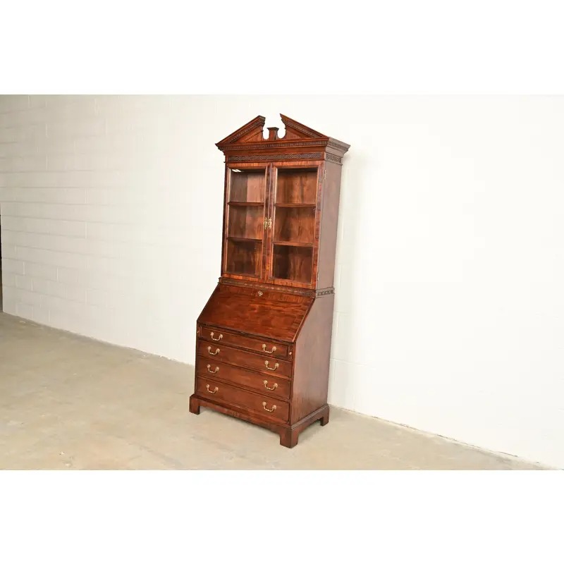 Century Furniture Chippendale Carved Mahogany Drop Front Secretary Desk With Lighted Bookcase Hutch - Image 3