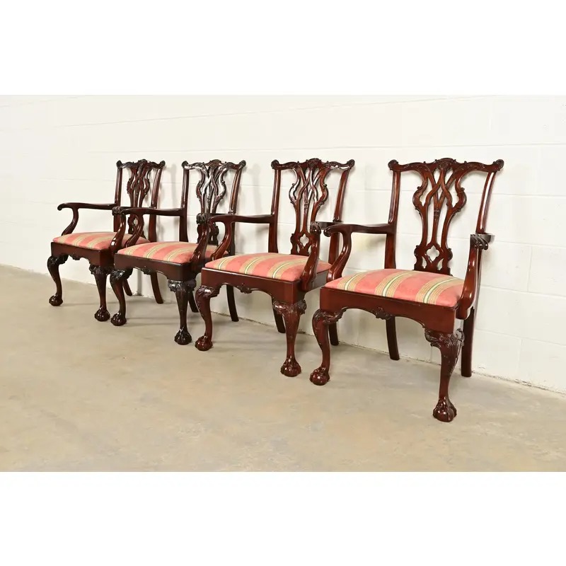 Kindel Furniture Chippendale Carved Mahogany Dining Arm Chairs, Set of Four - Image 3