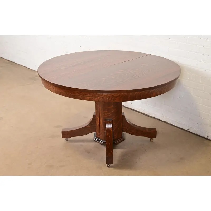 Stickley Brothers Style Antique Mission Oak Arts & Crafts Pedestal Extension Dining Table, Newly Refinished - Image 3