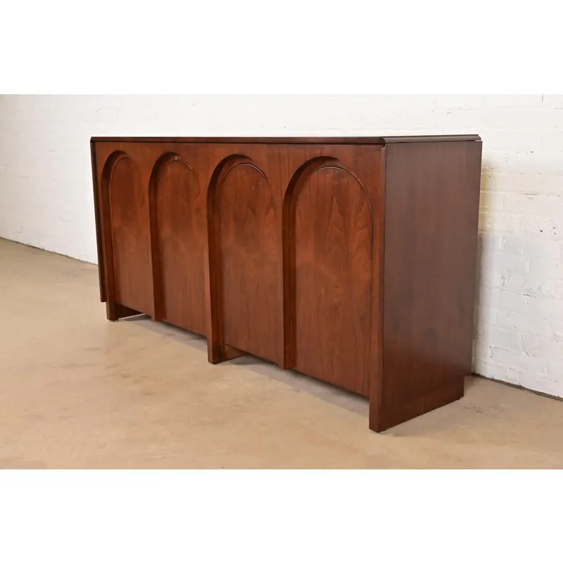 T. H. Robsjohn Gibbings for Widdicomb Sculpted Walnut Colosseum Sideboard Credenza, Newly Refinished - Image 3