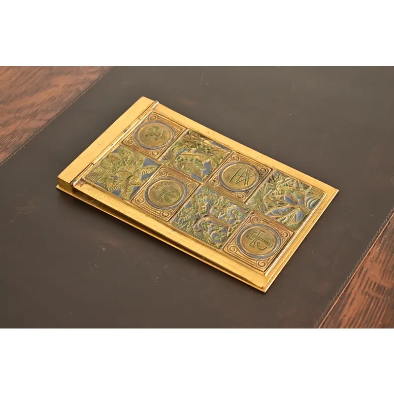 Tiffany Studios New York Bookmark Pattern Bronze Doré and Enamel Notepad Holder - Image 3