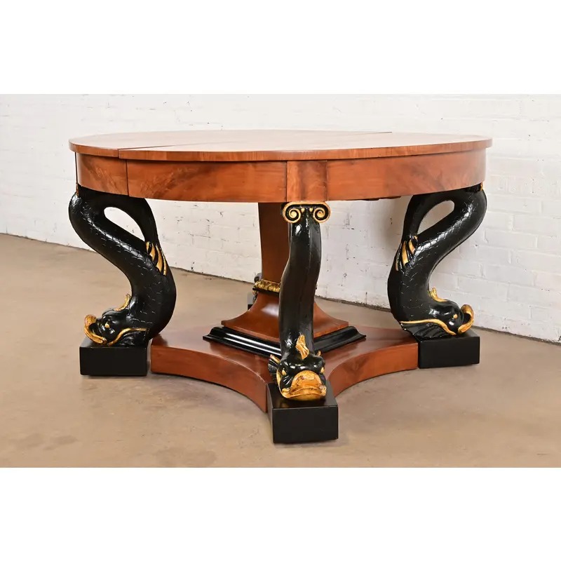 Antique Italian Regency Cherry and Burl Wood Parcel Ebonized Dolphin Base Monumental Extension Dining Table, Circa 1890s - Image 4