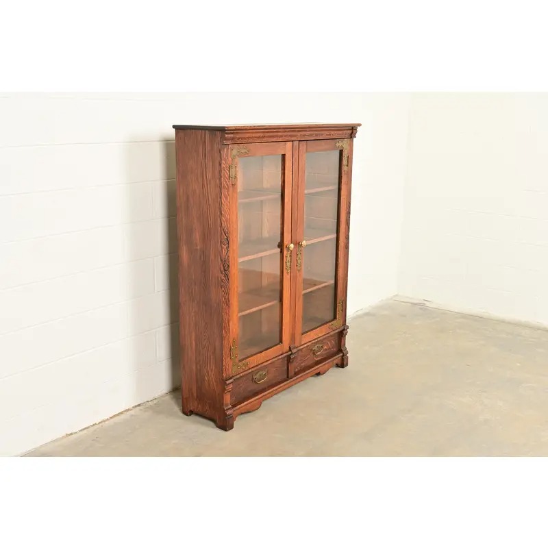 Antique Victorian Carved Oak Two-Door Bookcase, Circa 1890s - Image 4