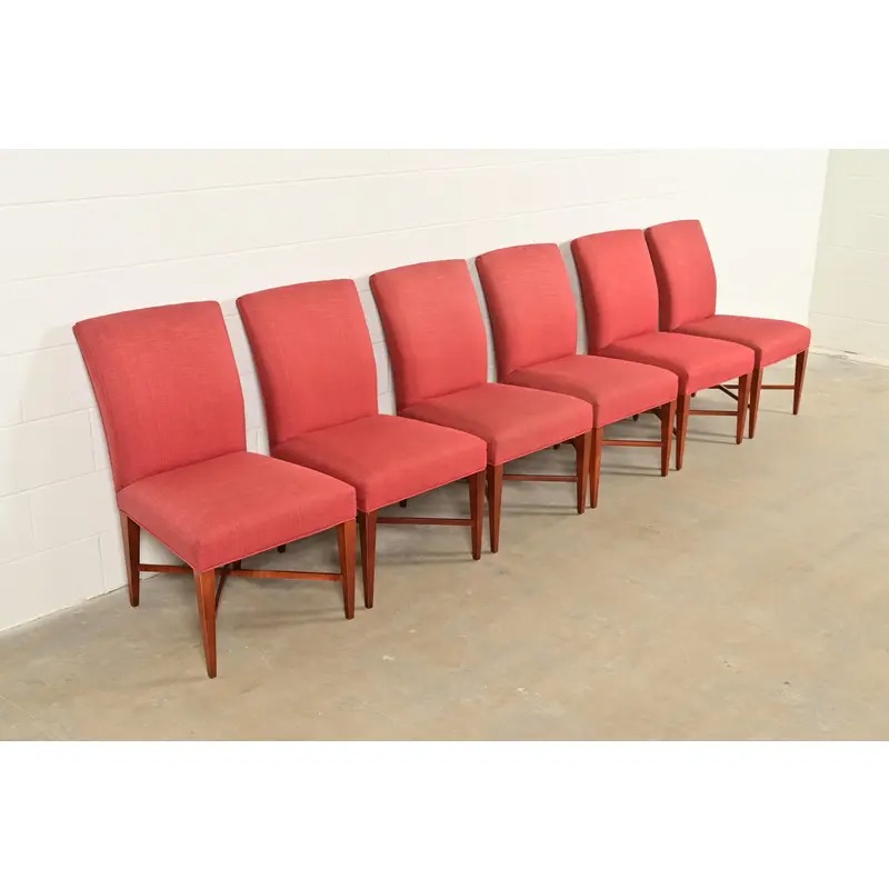 Baker Furniture Modern Regency Sycamore Wood Upholstered X-Base Dining Chairs, Set of Six - Image 4