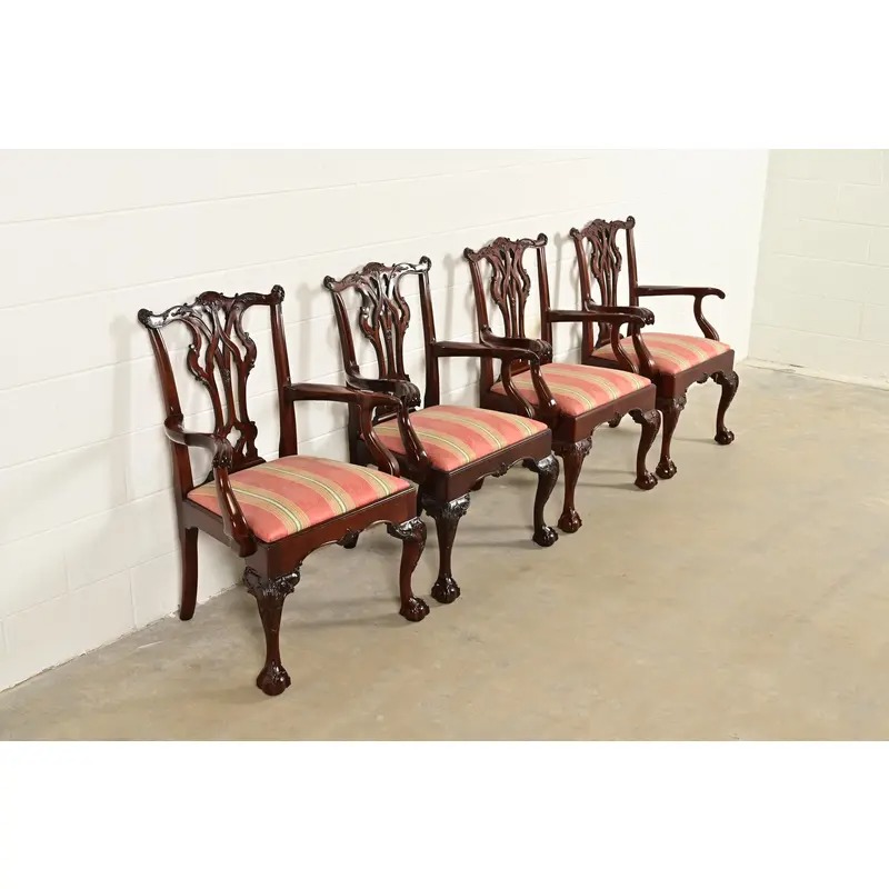 Kindel Furniture Chippendale Carved Mahogany Dining Arm Chairs, Set of Four - Image 4