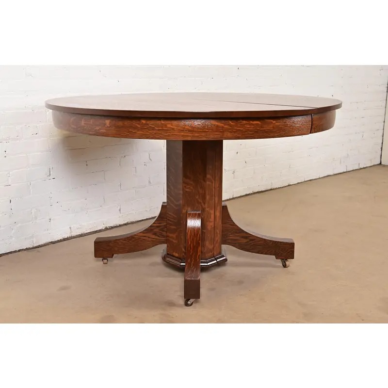 Stickley Brothers Style Antique Mission Oak Arts & Crafts Pedestal Extension Dining Table, Newly Refinished - Image 4