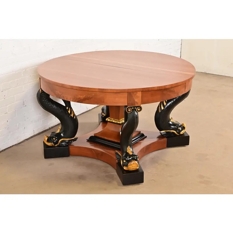 Antique Italian Regency Cherry and Burl Wood Parcel Ebonized Dolphin Base Monumental Extension Dining Table, Circa 1890s - Image 5