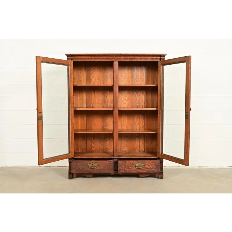 Antique Victorian Carved Oak Two-Door Bookcase, Circa 1890s - Image 5