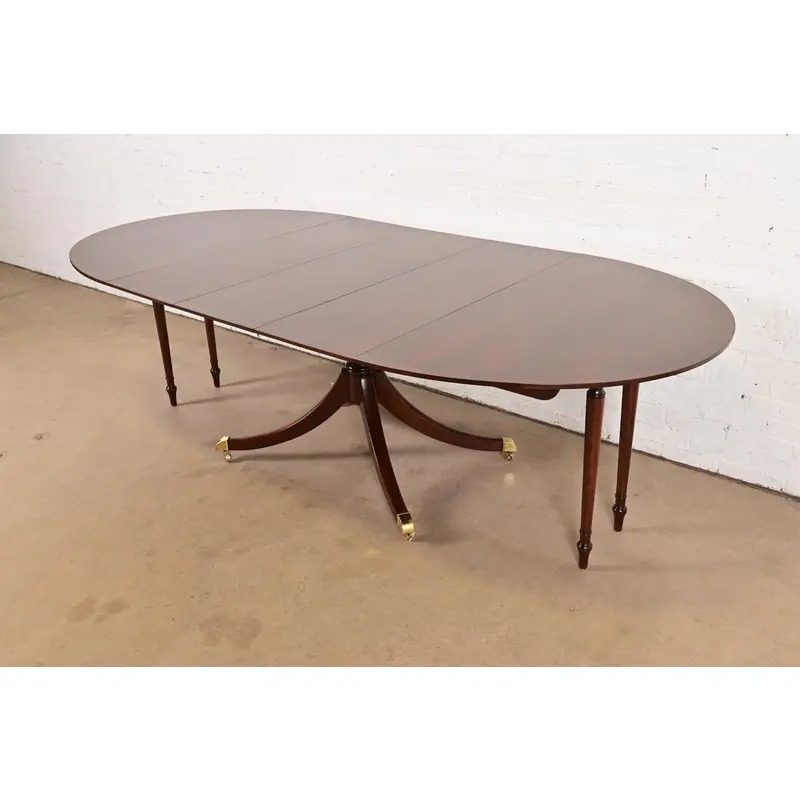 Baker Furniture Georgian Banded Cherry Wood Pedestal Extension Dining Table, Newly Refinished - Image 5