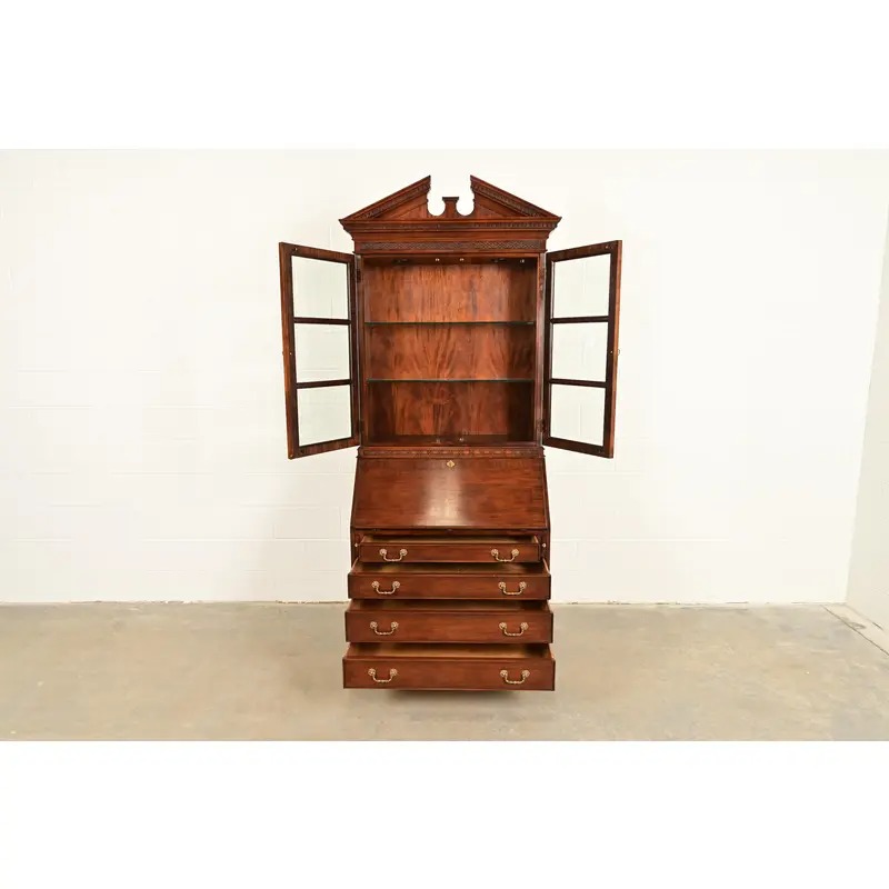 Century Furniture Chippendale Carved Mahogany Drop Front Secretary Desk With Lighted Bookcase Hutch - Image 5