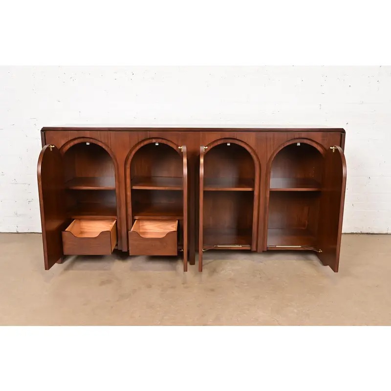 T. H. Robsjohn Gibbings for Widdicomb Sculpted Walnut Colosseum Sideboard Credenza, Newly Refinished - Image 5