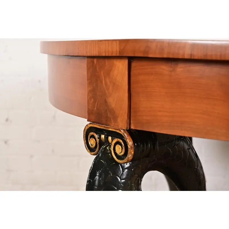 Antique Italian Regency Cherry and Burl Wood Parcel Ebonized Dolphin Base Monumental Extension Dining Table, Circa 1890s - Image 7