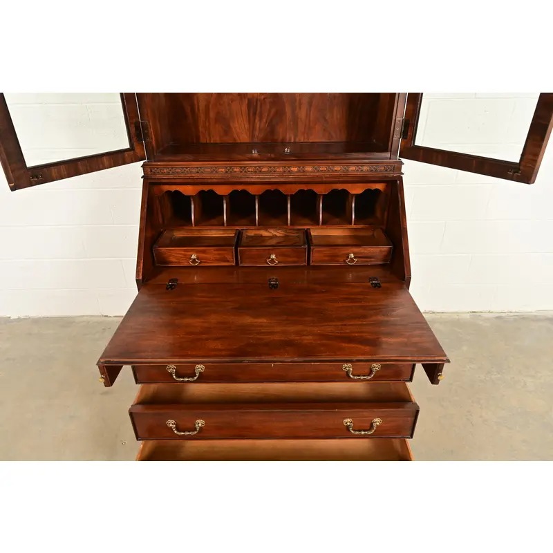Century Furniture Chippendale Carved Mahogany Drop Front Secretary Desk With Lighted Bookcase Hutch - Image 7