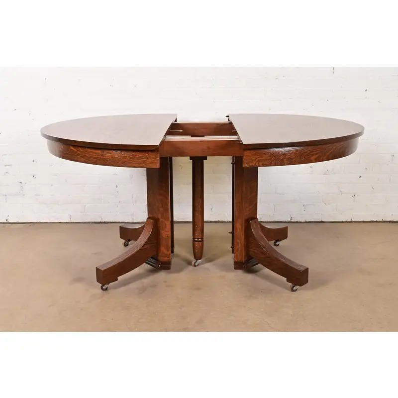 Stickley Brothers Style Antique Mission Oak Arts & Crafts Pedestal Extension Dining Table, Newly Refinished - Image 7