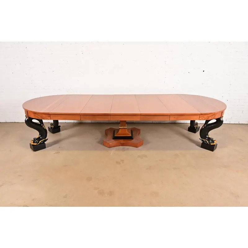 Antique Italian Regency Cherry and Burl Wood Parcel Ebonized Dolphin Base Monumental Extension Dining Table, Circa 1890s - Image 8