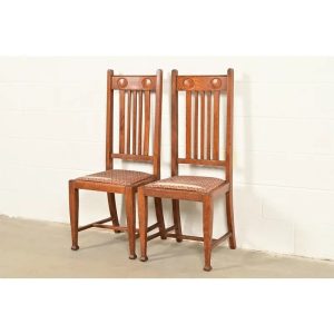 Stickley Brothers Style Antique English Arts & Crafts Carved Oak High Back Side Chairs or Dining Chairs, Pair