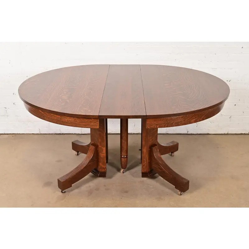 Stickley Brothers Style Antique Mission Oak Arts & Crafts Pedestal Extension Dining Table, Newly Refinished - Image 8