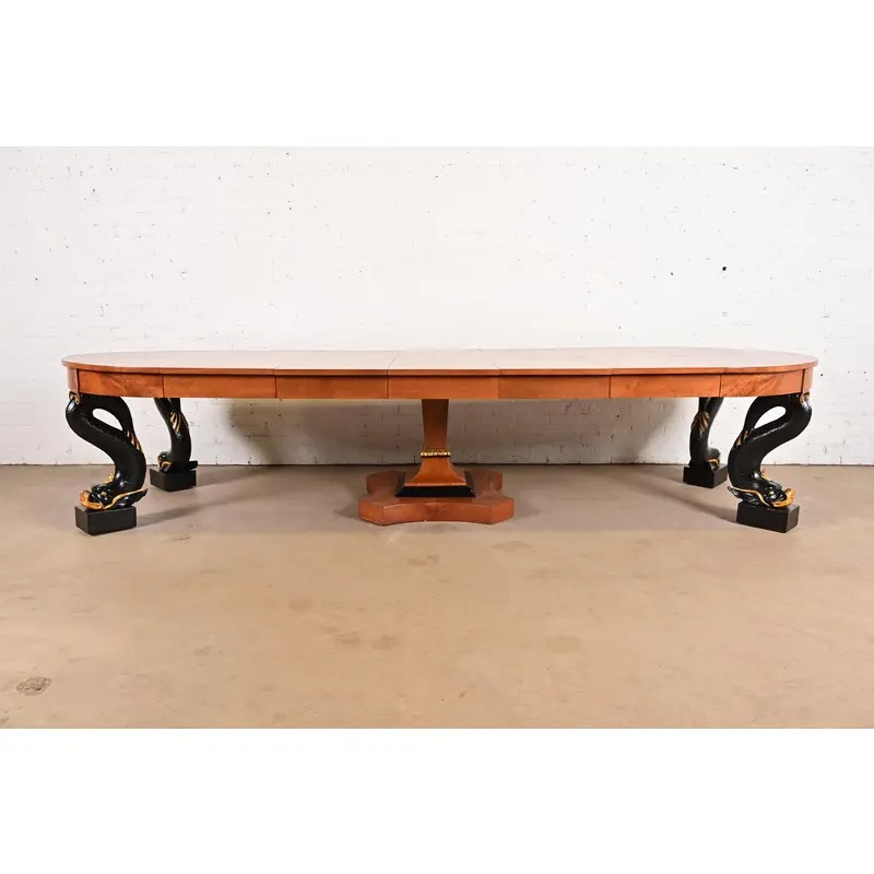 Antique Italian Regency Cherry and Burl Wood Parcel Ebonized Dolphin Base Monumental Extension Dining Table, Circa 1890s - Image 9