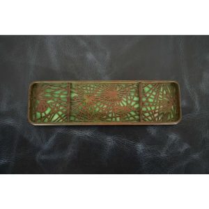 Tiffany Studios New York Pine Needle Pattern Bronze and Favrile Slag Glass Pen Tray