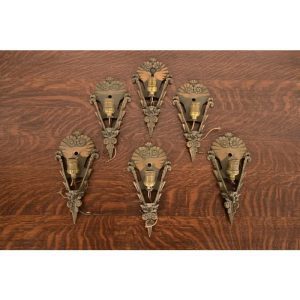 1930s Mid-West Art Deco Bronze Soleure Wall Sconces, Set of Six