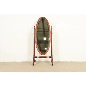 Antique Victorian Carved Mahogany Oval Cheval Floor Mirror, Circa 1890s