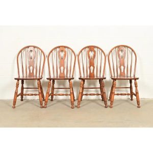 Ethan Allen Style American Colonial Solid Oak Spindle Back Windsor Dining Chairs, Set of Four