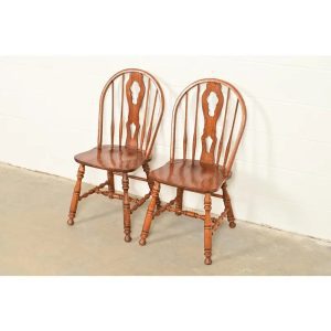 Ethan Allen Style American Colonial Solid Oak Spindle Back Windsor Side Chairs or Dining Chairs, Pair