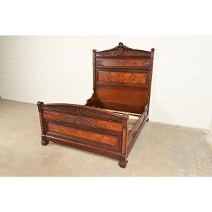 Herter Brothers Style Antique Eastlake Victorian Carved Walnut and Burl Wood Queen Size Bed, Circa 1880s