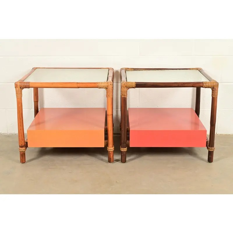 John Wisner for Ficks Reed Mid-Century Hollywood Regency Bamboo Rattan Glass Top Side Tables, Pair - Image 10