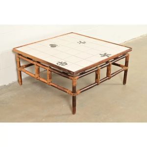 John Wisner for Ficks Reed Mid-Century Hollywood Regency Bamboo Rattan Tile Top Coffee Table, 1950s