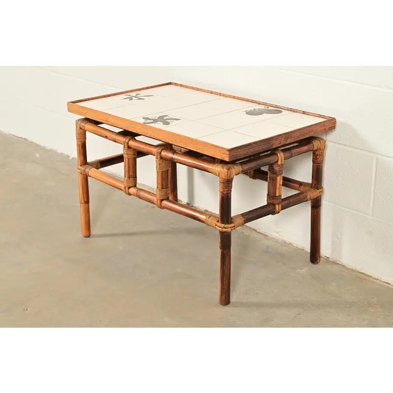 John Wisner for Ficks Reed Mid-Century Hollywood Regency Bamboo Rattan Tile Top Side Table, 1950s
