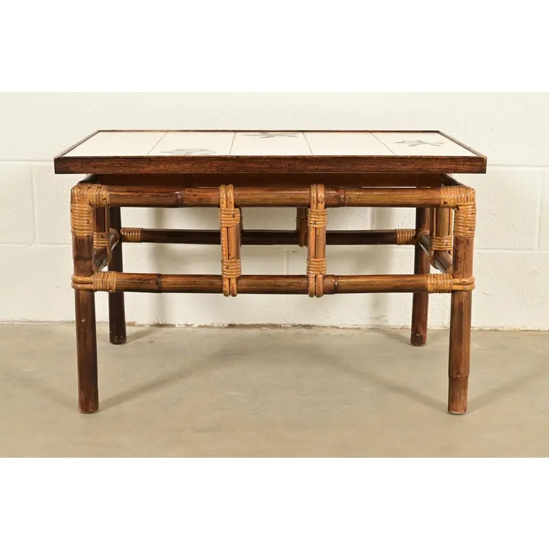 John Wisner for Ficks Reed Mid-Century Hollywood Regency Bamboo Rattan Tile Top Side Table, 1950s - Image 10