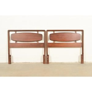 Lane Rhythm Mid-Century Modern Sculpted Walnut Twin Size Headboards, Pair